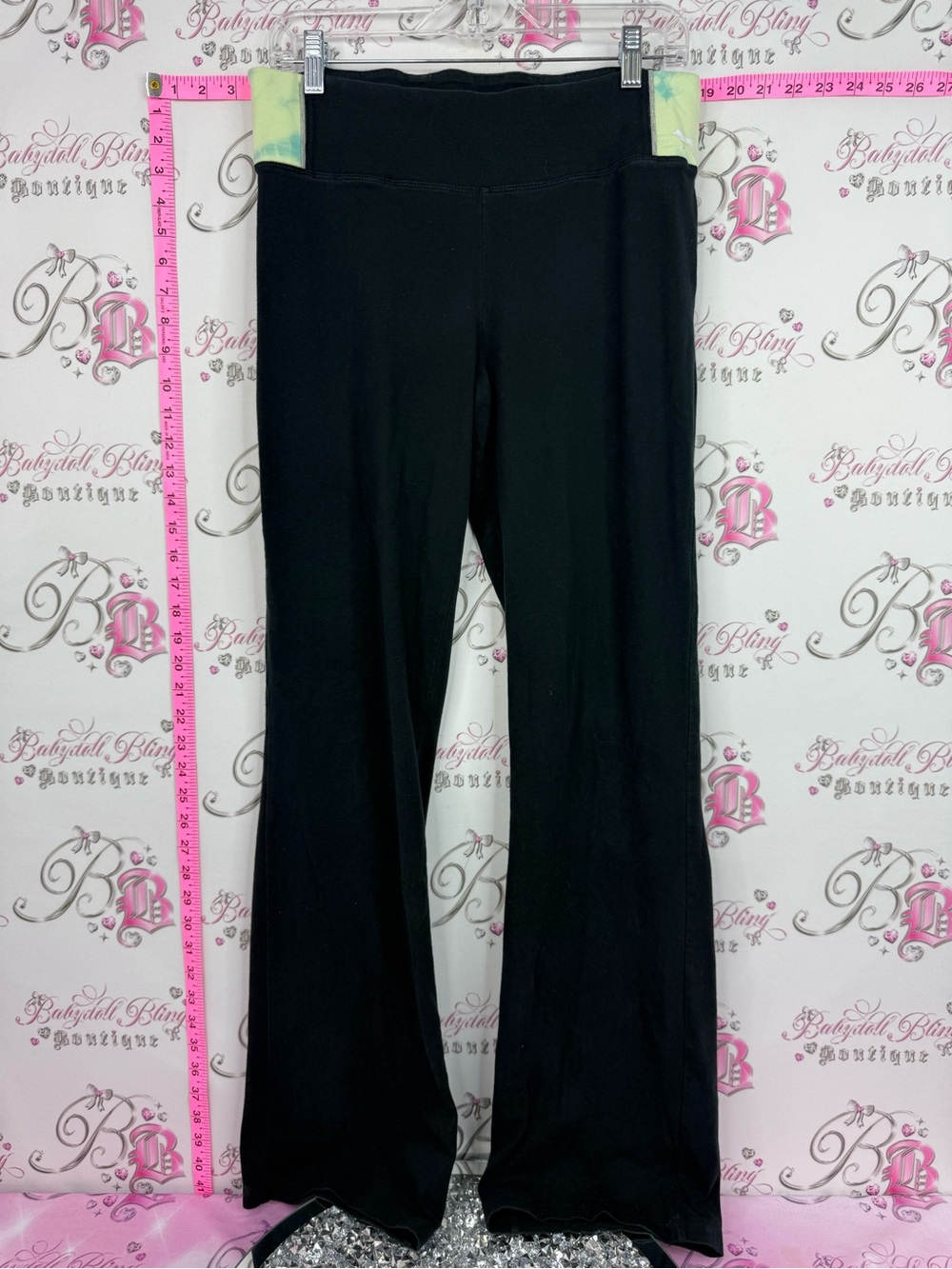 PINK Victoria's Secret Black Boot Cut Flare Pants with Lime Accent
